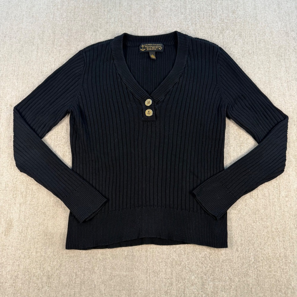 Lauren Jeans Company Sweater Women Large Black Ribbed V-Neck Cotton Long Sleeve
